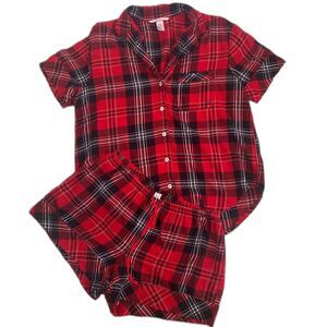 Victoria's Secret 2 piece red plaid tartan short sleeve shirt shorts pajamas XS